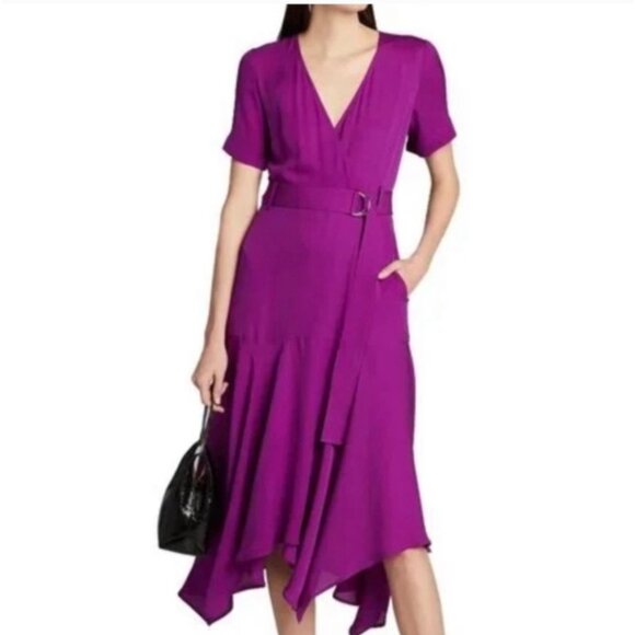 A.L.C. Claire Handkerchief Hem Silk Wrap Dress Sz 0 Purple Fuchsia Belted Waist - Picture 2 of 16